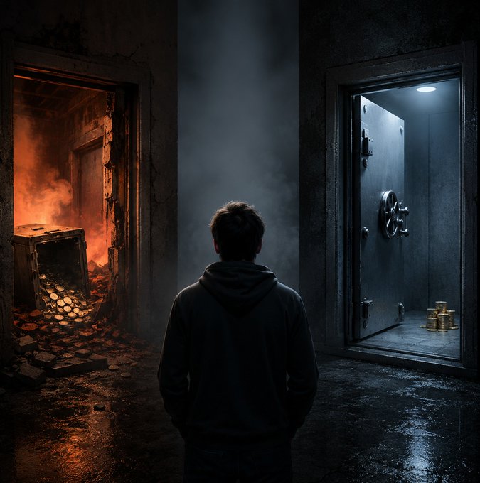 A person in a hoodie stands between two doors in a dark corridor: on the left, a burning doorway with flames and gold coins melting, and on the right, a vault door opening to reveal stacks of gold coins inside.