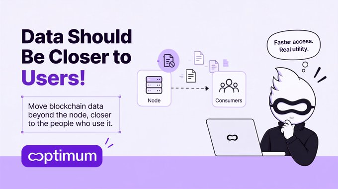 A promotional banner for Optimum stating "Data Should Be Closer to Users!" featuring an illustrated character with a laptop thinking "Faster access. Real utility," alongside a diagram showing data flow from a Node to Consumers.