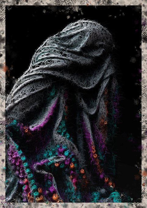 An artistic rendering of a hooded figure made of intricate swirling textures in gray, purple, teal, and orange tones against a dark background.