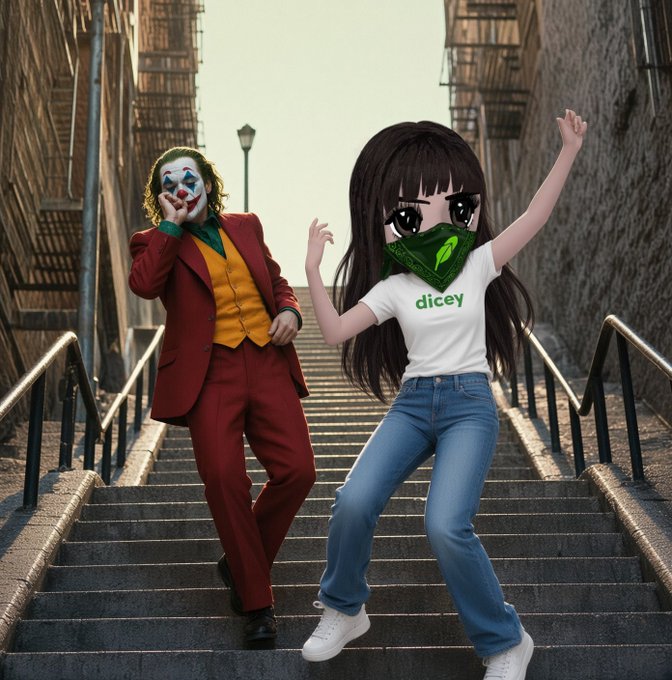 An image combining an anime-style girl wearing a green bandana and 'dicey' shirt dancing on stairs, with the live-action character Arthur Fleck from the 2019 film Joker dancing behind her.