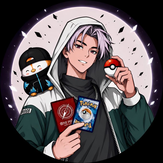 An anime-style illustration of a young man with lavender hair wearing a white hoodie, holding a Pokéball and Pokémon trading cards, with a small penguin-like creature on his shoulder against a starry background.