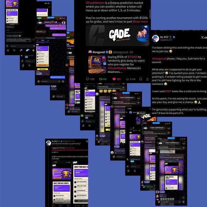 A collage of tweets and mobile screenshots displays social media discussions about crypto prediction markets, including references to "@CadeMarket," "@kosgoood," "@DRPC777," and "$TOAD," with "$100K" tournament prizes mentioned, but does not relate to the accompanying post about "BeldexCoin."