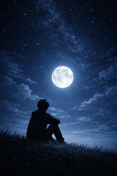 A lone silhouette sits in a grassy field under a luminous full moon and starry night sky, gazing upward. The serene, contemplative scene reflects the post's reflective message about perseverance through quiet patience and unwavering belief in future rewards.