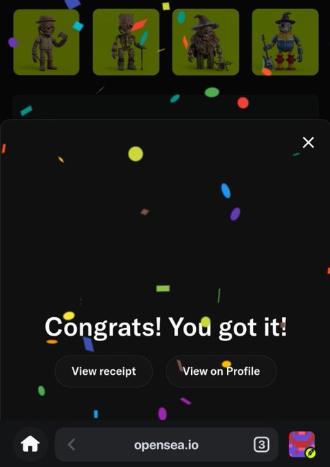 OpenSea mobile app screen showing a 'Congrats! You got it!' celebration with confetti, with NFT character thumbnails visible at the top and 'View receipt' / 'View on Profile' buttons.