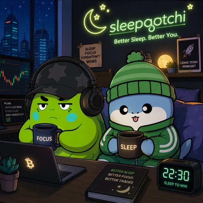The image features two cartoon characters, a frog wearing headphones and a turtle holding a cup of coffee, sitting at a desk with laptops open in front of them. The background shows a city skyline at night, creating an urban atmosphere for their workspace. The caption reads "@sleepagotchi feels interesting. They are turning better sleep habits into something measurable and rewarding. What I like is the angle here. Better sleep = better". This message emphasizes the importance of prioritizing sleep in their daily lives to improve productivity and overall well-being.
