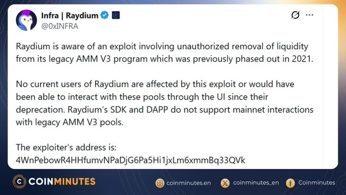 A post on social media from a user named Infra Raydium who has been affected by an exploit in which their legacy AMM3 pool was exploited and their account was drained. The account has been taken down since then, but the user is still able to see all of the content posted about them. It seems that the user posted the post as a means to inform others about the situation with their account, possibly sharing advice or solutions for dealing with this issue.