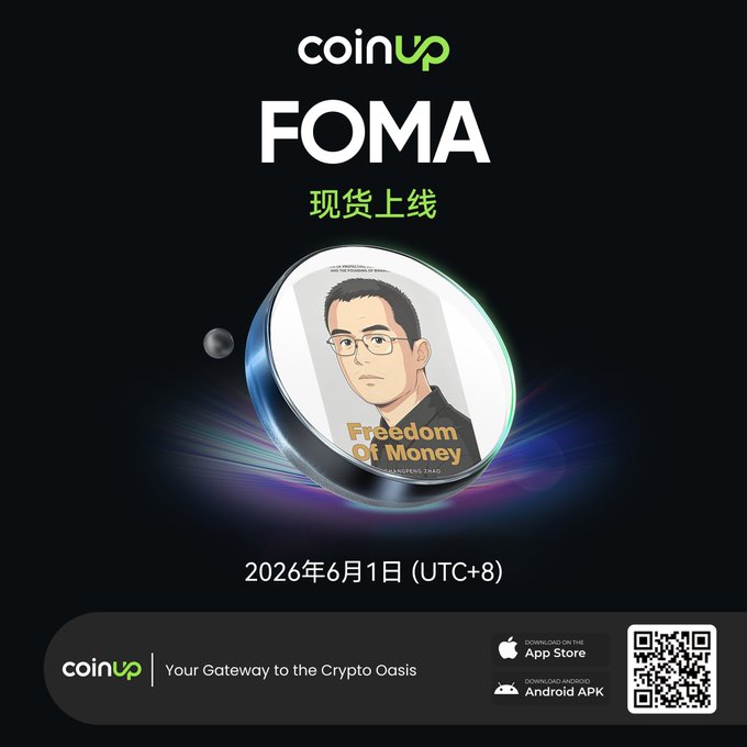 The image features a coin listing for the cryptocurrency FOMA (Founded On Money) with an accompanying poster of a man's face. The poster includes text that reads "FOMA" and "Founded On Money", as well as the date "June 1, 2006". The post also mentions that there is an app available on CoinUp.io for trading pairs like FOMA/USDT.