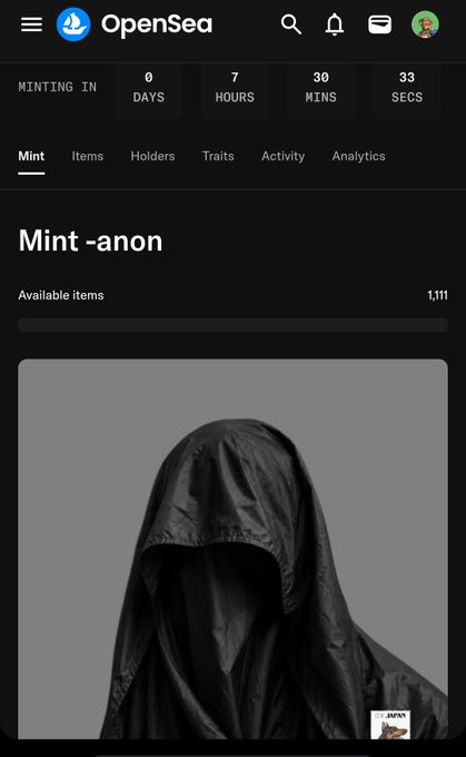 The image shows a phone screen displaying a webpage with a black background and white text. The main focus of the image is an item called "Mint-Anon" that has been added to the @AnonymOrds GTD list, indicating that it's available for purchase. The post also mentions that the wallets have been added to the list, suggesting that they are up for grabs. Additionally, there is a description of how long it will take to receive the mint in the form of a 7.5-hour wait time.