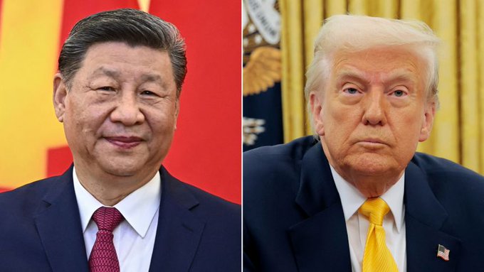 The image shows a split screen featuring Chinese President Xi Jinping on the left and former US President Donald Trump on the right. This juxtaposition visually represents the ongoing global discourse and potential friction between China and the US concerning AI development, as described in the accompanying post.