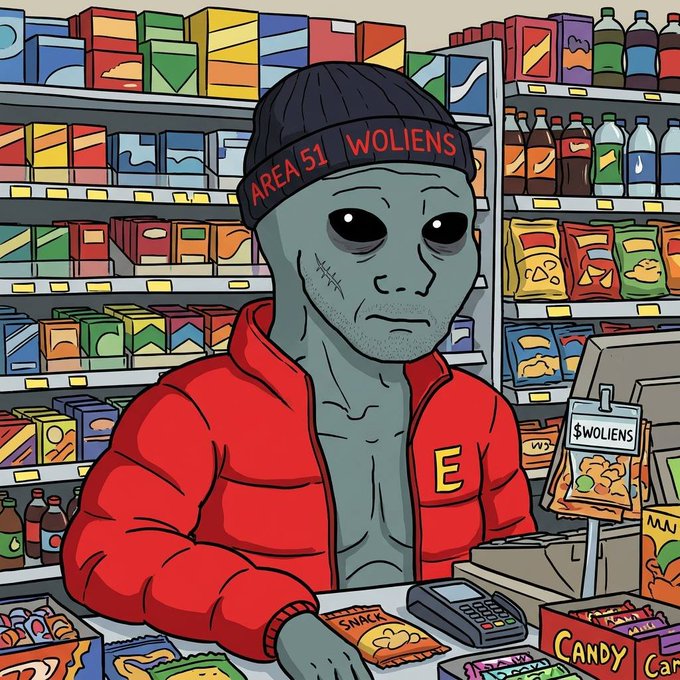 ers cartoon character, wearing a red jacket and black beanie, stands behind a candy counter with a cash register, surrounded by colorful snacks.