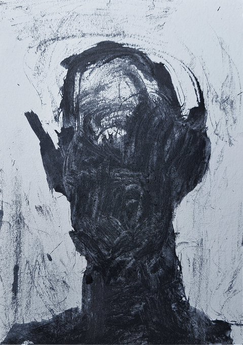 A dark, abstract charcoal-like painting of a figure with raised hands rendered in heavy black brushstrokes against a white background, evoking a haunting, ashen quality fitting the title "Minted to Ashes."