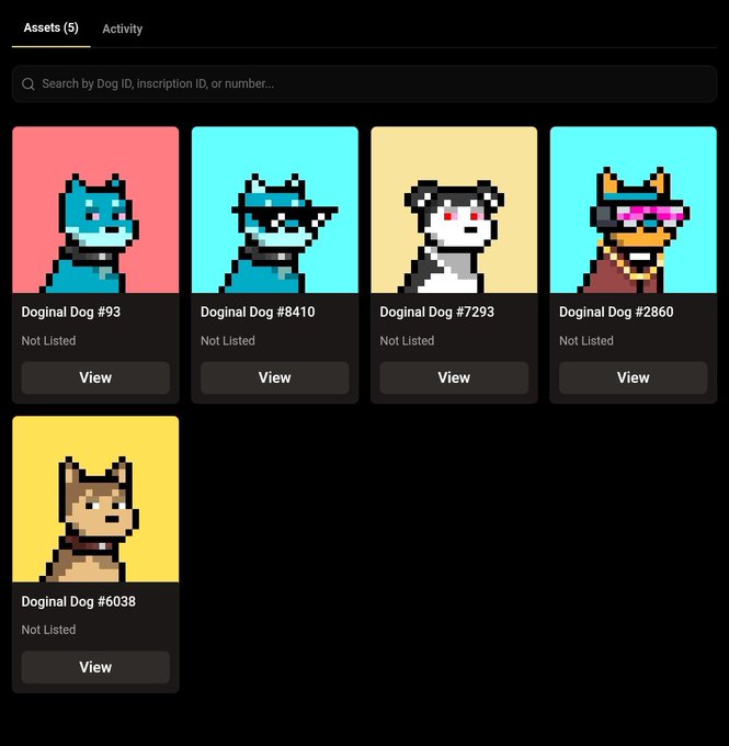 Digital collection interface showing five pixel-art 'Doginal Dogs' NFTs (#93, #8410, #7293, #2860, #6038), all marked as 'Not Listed' under an 'Assets' tab.