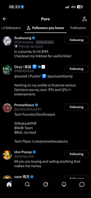 A screenshot of a Twitter/X follower list titled 'Pare' showing accounts including Suskesorg, Ozzy, Prometheus, and Unc Pooop, with a 'Followers you know' tab selected.