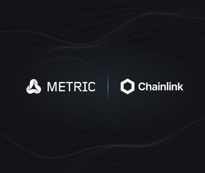 A dark graphic displays the logos for 'METRIC' and 'Chainlink' side-by-side against a wavy, dark background.
