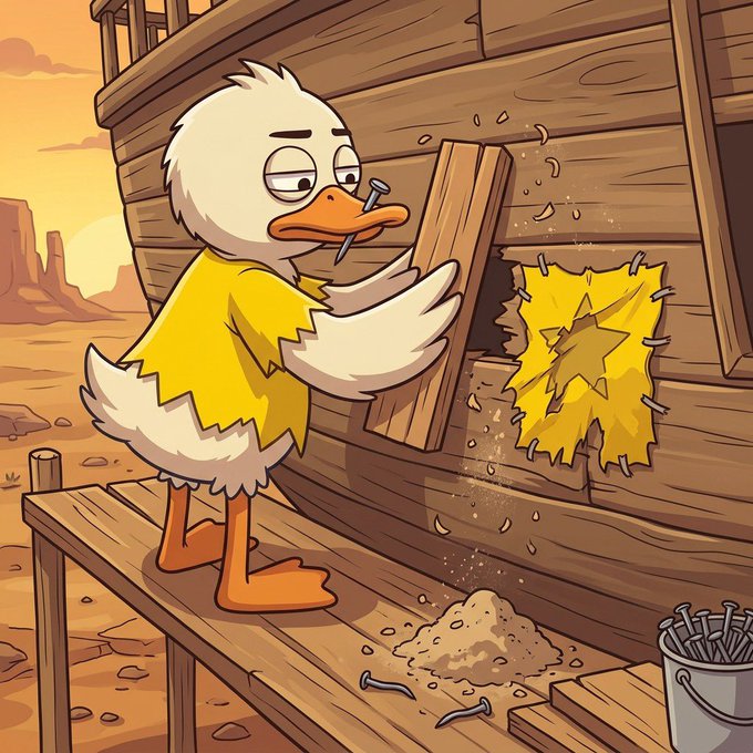 A cartoon illustration of a duck wearing a yellow shirt holding a nail in its beak while repairing a wooden structure with a star-shaped patch on it.