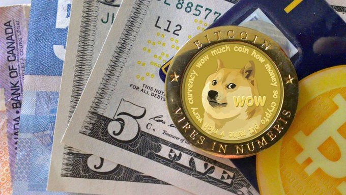 A physical Bitcoin token featuring the Doge meme dog ('wow much coin') rests on top of US dollar bills and next to a physical Bitcoin coin.