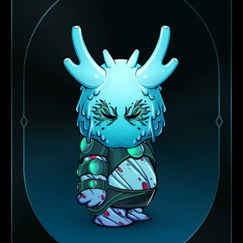 A stylized blue character with antler-like protrusions and a melancholic expression stands in a dark, oval-framed composition, appearing to be fan art or game art.
