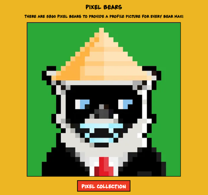 A pixel art image features a stylized bear character wearing a black mask, orange cap, and red tie against a green background, with the header text "PIXEL BEARS" and "THERE ARE 5590 PIXEL BEARS TO PROVIDE A PROFILE PICTURE FOR EVERY BEAR MAXI," along with a "PIXEL COLLECTION" label at the bottom. The post promotes Pixel $BEAR NFTs and Ultra Rares from the @xrpcafe and @BearXRPL collections, highlighting them as unique profile pictures for the $BEAR community.
