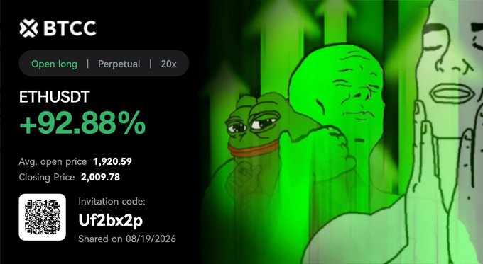 The image is a BTCC trading performance card showing a +92.88% gain on a 20x leveraged ETHUSDT perpetual long position, opened at an average price of $1,920.59 and closed at $2,009.78, paired with the popular green "Wojak" meme pointing upward in excitement. This celebratory meme perfectly captures the relief and excitement in the caption "Finally, ETH moved!!!" — reflecting the trader's enthusiastic reaction to Ethereum's long-awaited upward price movement.