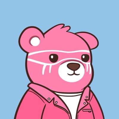 A cartoon illustration of a pink bear-like character wearing a hoodie and a white face mask against a light blue background.