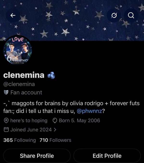 A Twitter profile page for 'clenemina' (@clenemina), a fan account with bio mentioning 'maggots for brains by olivia rodrigo + forever futs fan,' joined June 2024, with 365 following and 710 followers.