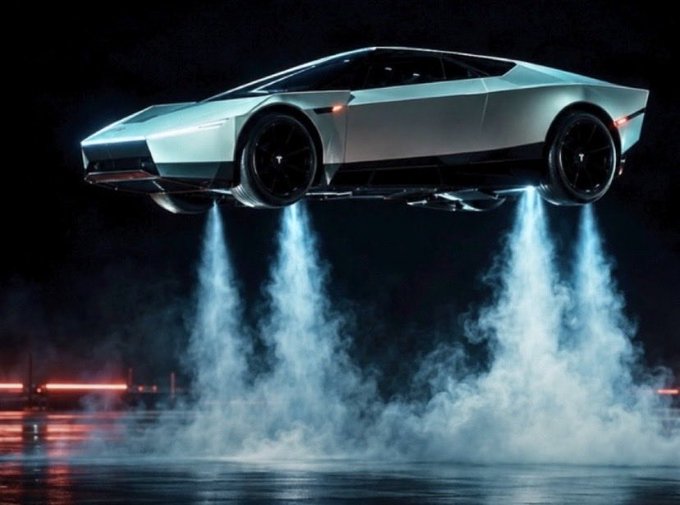 A silver, futuristic sports car hovering in mid-air with downward thrusters emitting smoke against a dark background.