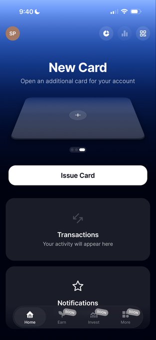 A mobile app screen for Anodos Finance displays a "New Card" prompt with an "Issue Card" button, along with empty "Transactions" and "Notifications" sections, aligning with the post's theme of signing up for a new financial service after leaving a traditional bank. The 9:40 timestamp and "SP" profile icon appear at the top.