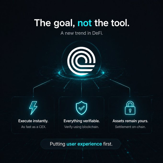 A promotional graphic for a DeFi project with the text 'The goal, not the tool. A new trend in DeFi.' featuring a central circular logo and three feature boxes: 'Execute instantly.', 'Everything verifiable.', and 'Assets remain yours.'