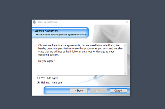 The image shows an open window with a document titled "LICENSE AGREEMENT" displayed, which appears to be a licensing agreement or contract. The text of the document suggests that users must read and accept the terms before proceeding further.
