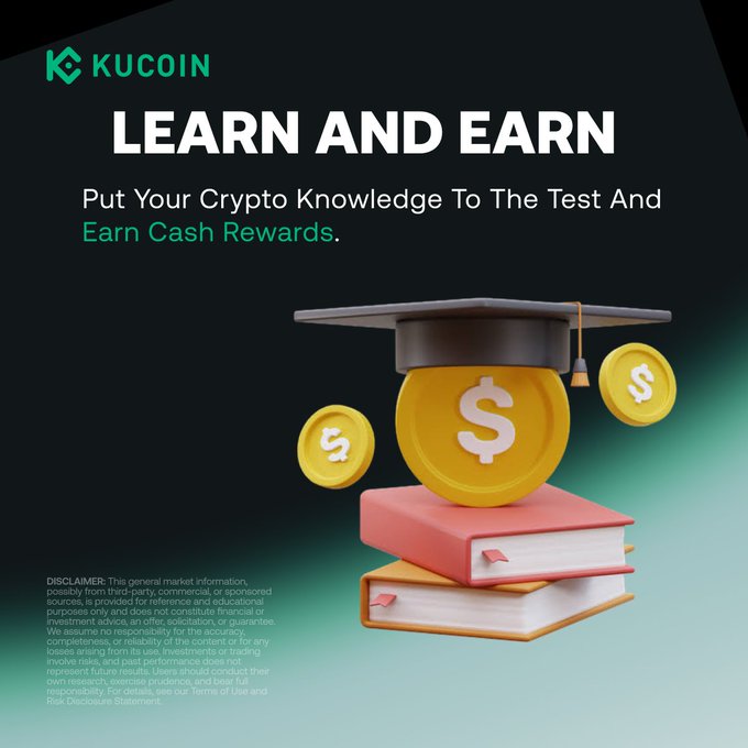 A KuCoin promotional graphic featuring a 3D illustration of a graduation cap atop gold dollar coins and stacked books, with the headline "LEARN AND EARN" and tagline "Put Your Crypto Knowledge To The Test And Earn Cash Rewards." The image directly promotes KuCoin's Learn and Earn program, encouraging users to test their skills and earn rewards at kucoin.com/learn-and-earn.