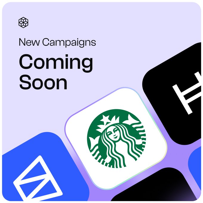 Promotional graphic reading 'New Campaigns Coming Soon' featuring app icons including the Starbucks logo against a light purple background.