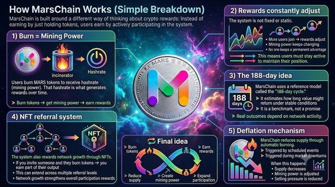 The image is a colorful and informative infographic that explains how MarsChains works. It features several icons representing different aspects of the cryptocurrency, such as mining power users burning tokens and tokens holding interest rates for various periods. The infographic also includes a breakdown of what users can gain by participating in the system compared to just hoarding tokens.