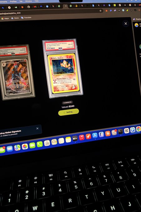 A laptop screen displays PSA-graded Pokémon cards, prominently featuring a Vaporeon Holo card from the Base Set with a value of $240, alongside another graded card, illustrating a successful pull from a Jupiter trading card pack investment.