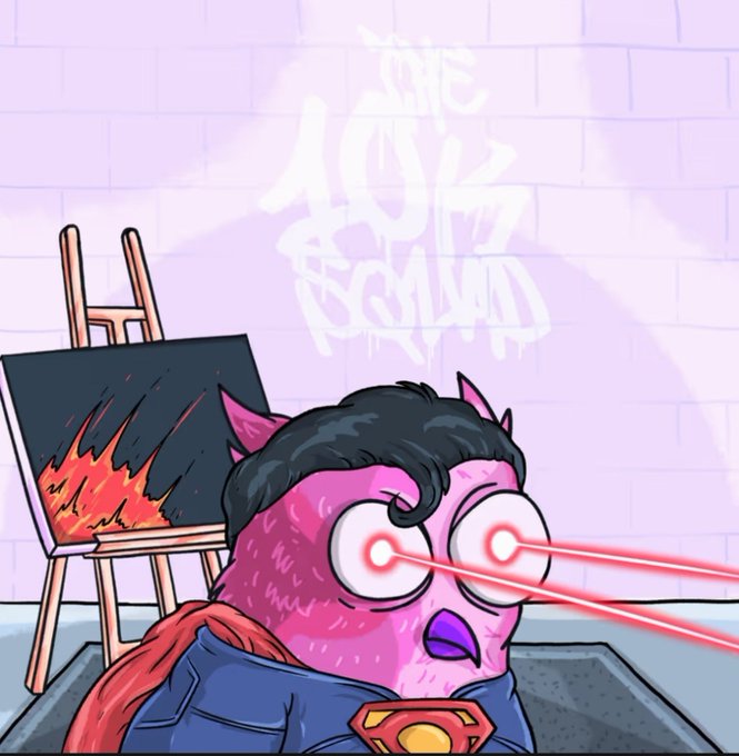 A cartoonish pink devil character with laser beam eyes stares intensely at a canvas displaying a fiery red painting, with graffiti reading "The New School" on the wall behind. The image humorously captures the post's sentiment of strong conviction and "yeet" energy during the accumulation phase, celebrating Rafa's bold new move.