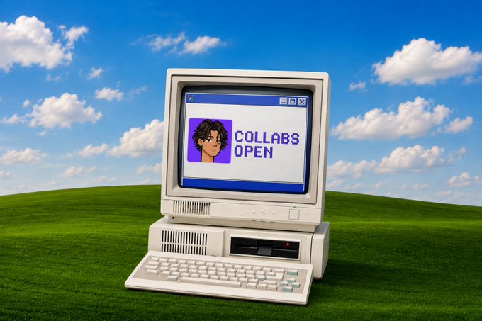 A retro-style desktop computer with a CRT monitor displays a pixel art avatar and the text 'COLLABS OPEN' against a Windows XP-style window, set against a surreal Windows XP 'Bliss' background with green hills and blue sky.
