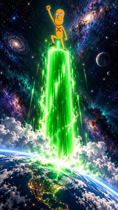 A cartoon yellow figure stands atop a glowing green energy beam rising from Earth into a cosmic scene filled with stars, galaxies, and nebulae.