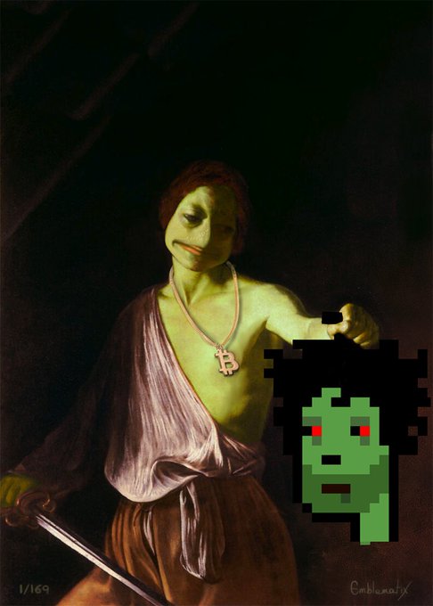 A Kermit the Frog Pepe meme style artwork featuring a green classical figure holding a sword with a Bitcoin necklace, alongside a pixelated Pepe head with red eyes, marked '1/169' and signed 'Cambeanify'.