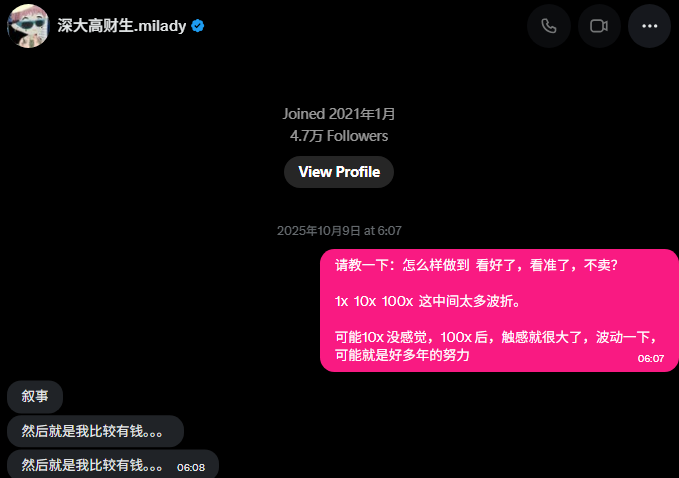 A screenshot of a social media profile '深大高财生.milady' with Chinese text discussing trading strategies involving 1x and 10x leverage, noting how leverage amplifies market volatility.