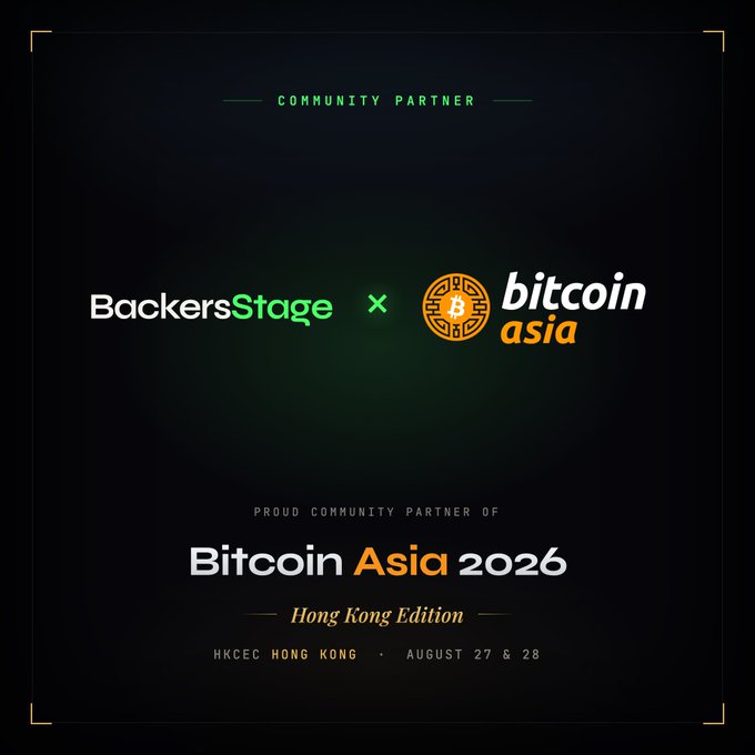 Promotional graphic announcing BackersStage as a Community Partner for Bitcoin Asia 2026, taking place in Hong Kong at HKCEC on August 27 & 28.