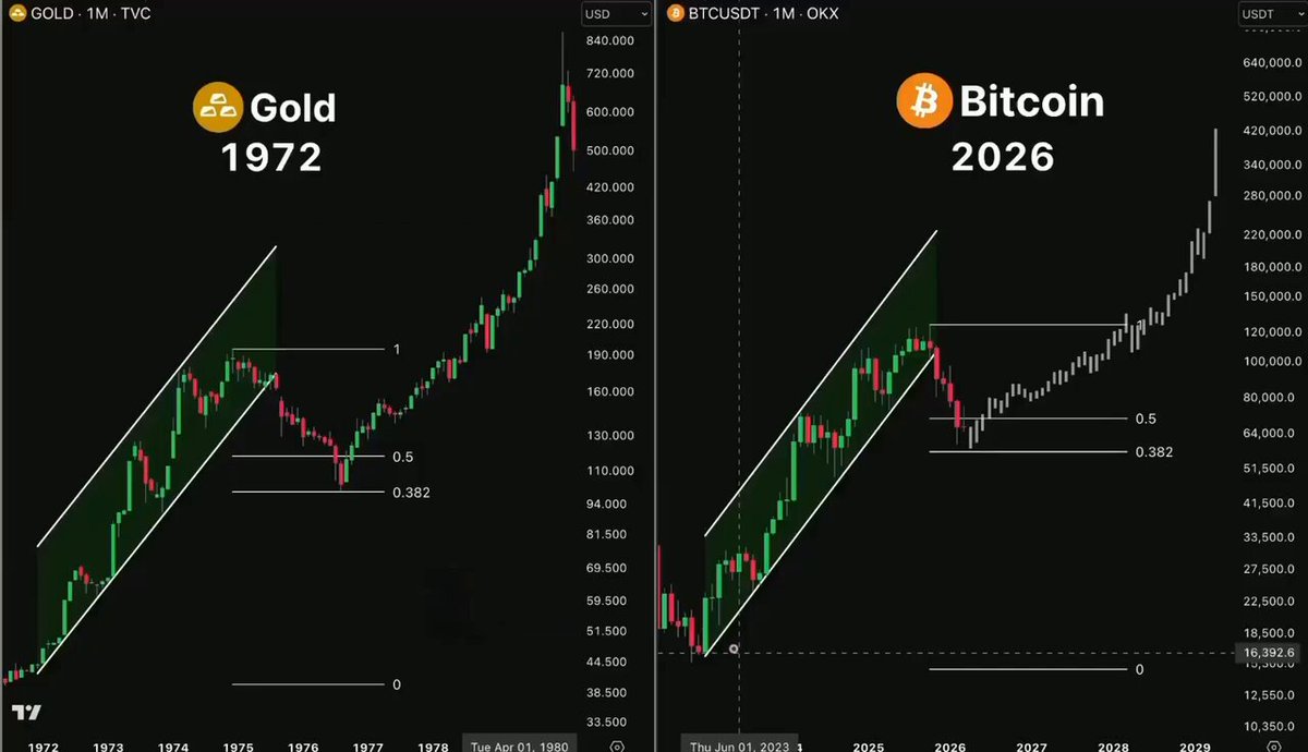 The image shows a bar graph comparing the value of Bitcoin and Gold over time, with Bitcoin at the top and Gold at the bottom. The Bitcoin value has been steadily increasing while Gold's value has been consistently decreasing since the early years. Currently, the price of Bitcoin is higher than that of Gold due to the current economic climate. The post also mentions liquidity, which could be a contributing factor to these price trends.