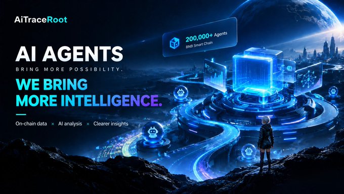 A promotional graphic for 'AiTraceRoot' featuring the text 'AI AGENTS BRING MORE POSSIBILITY. WE BRING MORE INTELLIGENCE.' and '200,000+ Agents BNB Smart Chain' over a sci-fi landscape with a figure looking at a glowing structure.