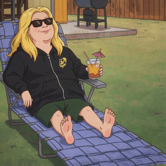 A blonde woman in sunglasses and a black hoodie with a yellow skull logo relaxes barefoot on a blue lawn chair, holding an orange cocktail with a tiny pink umbrella.

The image humorously plays on the "me holding ape today" post by showing her lounging in ape-like relaxation, embodying the "hold" meme culture of simply chilling and holding her crypto investments.