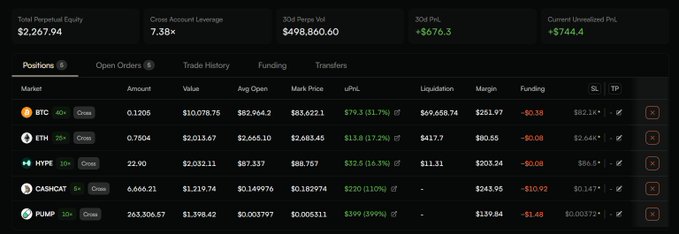 A cryptocurrency trading interface on Hyperliquid showing cross account leverage of 7.38x, total perpetual equity of $2,267.94, and positions in BTC, ETH, HYPE, CASHCAT, and PUMP markets.