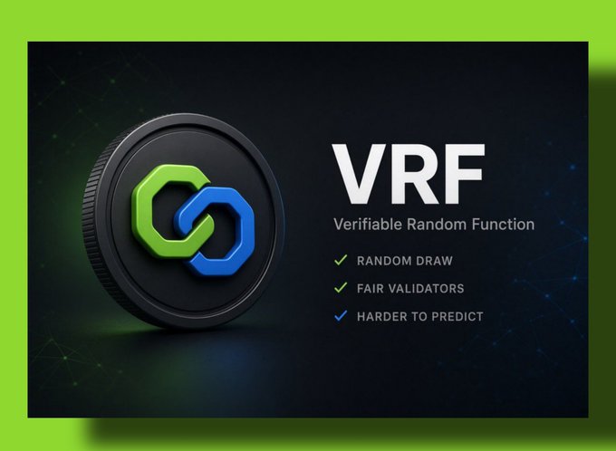 A graphic explaining VRF (Verifiable Random Function) with a coin icon and bullet points highlighting random draw, fair validators, and being harder to predict.