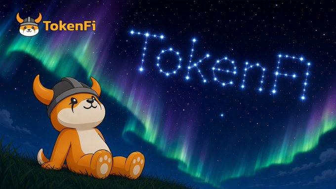 An illustration of a cartoon Shiba Inu dog wearing a Viking helmet sitting under an aurora borealis, with 'TokenFi' written in glowing stars in the sky and the TokenFi logo in the corner.