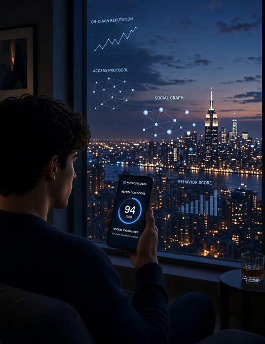 A person sits by a window overlooking a nighttime city skyline while holding a phone displaying a reputation score of 94/100, with holographic overlays showing 'ON-CHAIN REPUTATION', 'ACCESS PROTOCOL', 'SOCIAL GRAPH', and 'BEHAVIOR SCORE'.