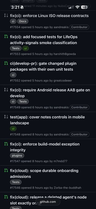 A GitHub mobile screenshot displays a feed of 11 opened pull requests from contributors including andreaskis, harshith8gowda, greatcodeeer, m7mdt77, and Zorba-the-buddhah, covering fixes for ci, plugins, develop-pr, app, and cloud, with PR numbers ranging from #17546 to #17554. The caption relates to the post by showing the inbox of pull requests that woke them up, reflecting excitement over contributions from new community members.