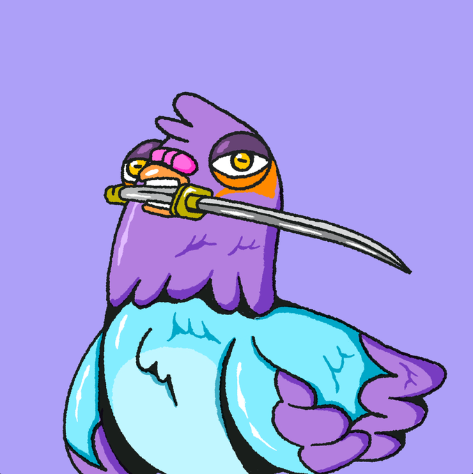 A cartoon illustration of a purple and blue bird-like creature biting the hilt of a katana sword in its beak, set against a solid lavender background.