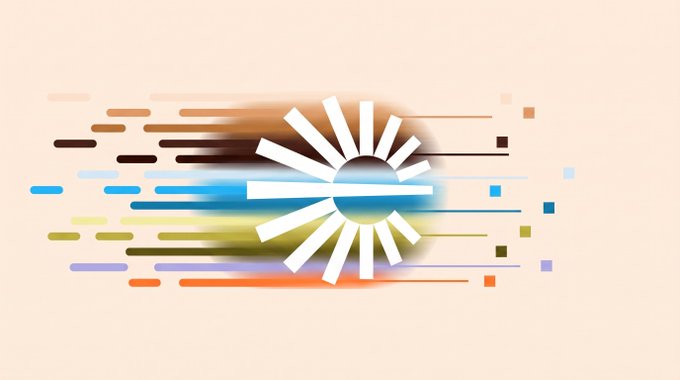 A stylized loading animation featuring a white sunburst logo with streaming colorful bars against a beige background.