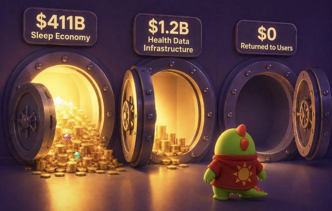 A promotional image for Sleepagotchi showing three vaults labeled "$411B Sleep Economy," "$1.2B Health Data Infrastructure," and "$0 Returned to Users," with a green dinosaur-like character in a red shirt standing before them.